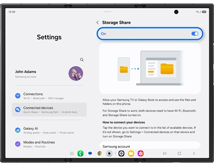Storage Share settings on an unfolded Galaxy Z TriFold with the On switch highlighted in a blue box.