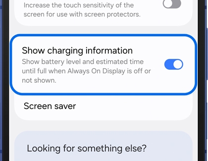 Charging settings screen on a Galaxy phone with the option for Show charging information enabled.