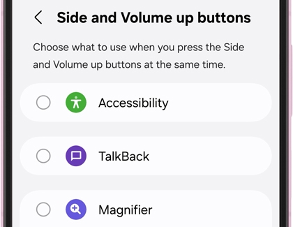 Galaxy device screen showing the Side and Volume up buttons settings menu with options for Accessibility, TalkBack, and Magnifier.