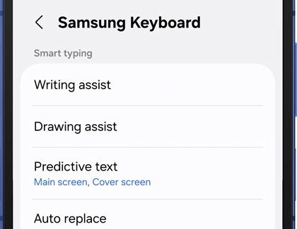 Samsung Keyboard settings on a Galaxy Z Flip7 showing options for Writing assist, Drawing assist, and Predictive text.