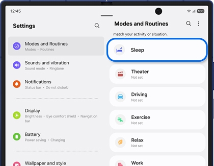 Sleep mode selected in Modes and Routines settings on a Galaxy Z Fold7.