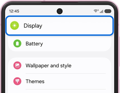 A Galaxy device screen showing the Settings menu with Display highlighted.
