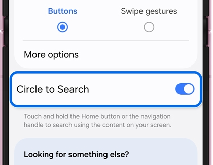 A Galaxy device screen showing navigation bar settings with the Circle to Search toggle switch highlighted.