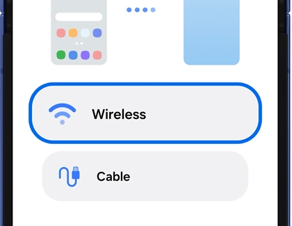 Data transfer screen on a Galaxy phone showing options to transfer content wirelessly or with a cable during setup.