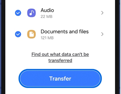 Galaxy phone screen showing selected data types for transfer, including audio and documents, with a Transfer button at the bottom.