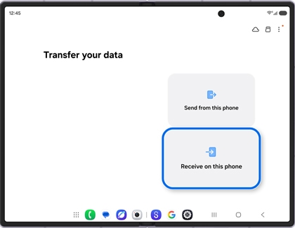 A Galaxy Z Fold screen showing the Transfer your data page with Receive on this phone highlighted in blue.