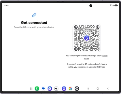 A Galaxy Z Fold screen showing the Get connected page with a QR code to scan on the right side.