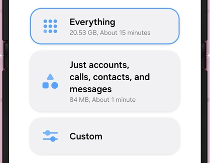 A Galaxy Z Flip showing the data transfer screen with the Everything option highlighted.