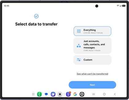 A Galaxy Z Fold screen showing the Select data to transfer page with Everything highlighted in blue.