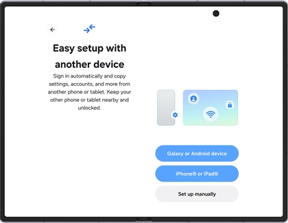 A Galaxy Z Fold screen showing the Easy setup with another device page with options to select device type.