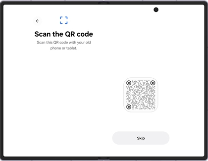 A Galaxy Z Fold screen showing the Scan the QR code page with a QR code displayed on the right.