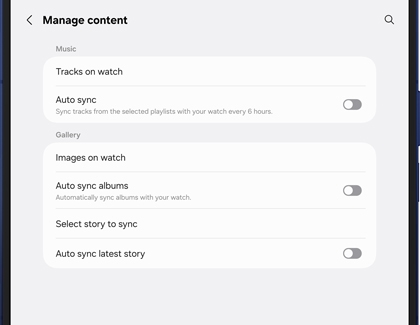 Manage content screen showing music and photo syncing options between the phone and Galaxy Watch.