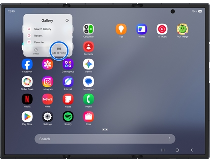 A Galaxy Z TriFold showing the apps screen with an options menu for the Gallery app and the Add to Home option circled in blue.