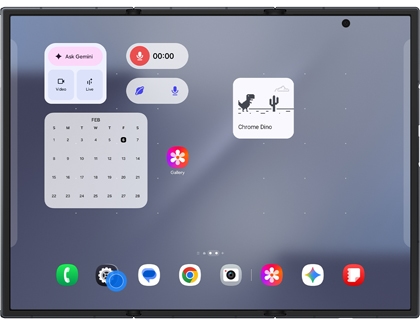 A Galaxy Z TriFold showing the home screen with a blue circle on a settings app icon being placed into the bottom dock.
