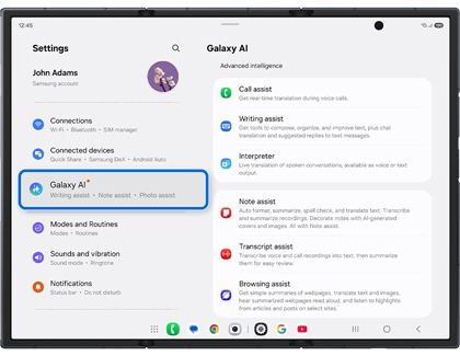 Settings menu on an unfolded Galaxy Z TriFold with Galaxy AI highlighted in a blue box.