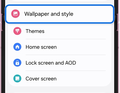 A Galaxy phone settings menu with Wallpaper and style outlined in blue.