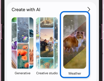 Create with AI menu displaying wallpaper options with Weather highlighted in blue.