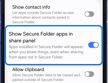 Secure Folder settings on the Galaxy Z Flip7 showing Show Secure Folder apps in share panel enabled.
