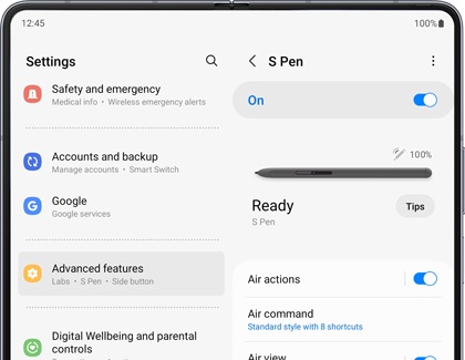  the Settings menu open on the Galaxy Z Fold5, with the S Pen sub-menu highlighted under the Advanced features section.