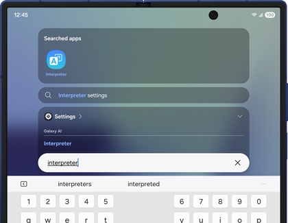 Galaxy Z Fold7 displaying the search results for the Interpreter app in the app drawer.