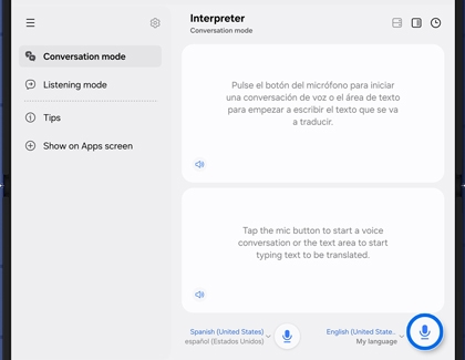 Galaxy Z Fold7 with the Interpreter app in Conversation mode, highlighting the mic button on the English language panel.