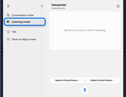 Galaxy Z Fold7 showing the Interpreter app in Listening mode with the mic button and language options for Spanish and English.