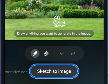 Sketch to image tool on a Samsung Galaxy phone showing a drawn outline of a dog with the Sketch to image button highlighted.