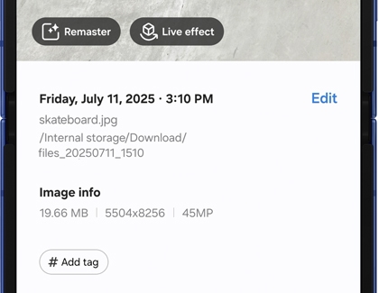 Edit suggestions shown for an image on a Samsung Galaxy phone with options like Remaster and Live effect.