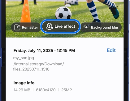 Live effect feature on a Samsung Galaxy phone applied to a photo of a child playing soccer.