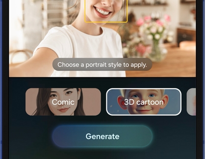 Portrait Studio feature on a Samsung Galaxy phone showing AI-generated style options like Comic and 3D cartoon.