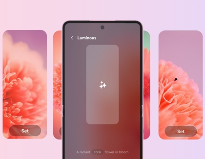 A Galaxy Z Flip showing the Luminous screen with options to set flower wallpapers.