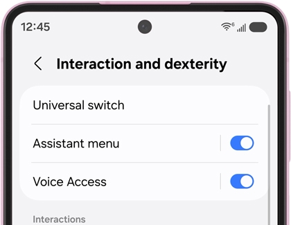 Galaxy device screen displaying Interaction and dexterity settings with Assistant menu and Voice Access turned on.