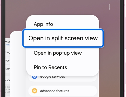 A Galaxy phone screen showing a menu with the Open in split screen view option highlighted.