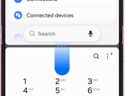 A Galaxy phone screen split in half with settings on top and a dialer on the bottom and a blue shape highlighting the middle divider gesturing a drag motion.