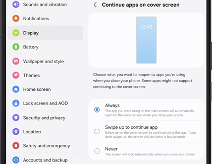A Galaxy Z Fold showing the Continue apps on cover screen settings with Display selected in the menu and Always selected.