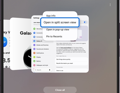 A Galaxy Z Fold screen displaying recent apps with Open in split screen view highlighted in blue.