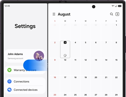 An unfolded Galaxy Z Fold screen displaying the Settings app and the Calendar app side by side in split screen view.