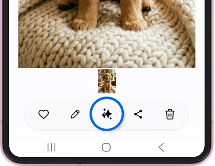 A photo gallery screen with editing and sharing toolbar icons displayed at the bottom with the three star Photo Assist icon highlighted.