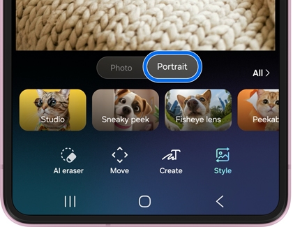 A carousel of AI photo editing styles under an image, a Portrait tab, and a selection of tools with Style highlighted.