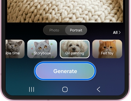 A carousel of AI photo editing styles with the Oil painting thumbnail selected from a row of options and a Generate button highlighted at the bottom.