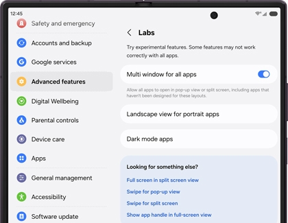 A Galaxy Z Fold screen showing the Labs menu with Multi window for all apps toggle turned on.