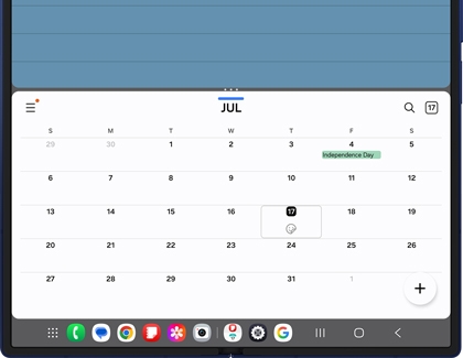 Calendar app open on the Galaxy Z Fold7 main display in a split screen view with the taskbar visible at the bottom.