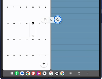 Galaxy Z Fold7 displaying two apps side by side in Multi window mode, with the app divider and taskbar visible at the bottom.
