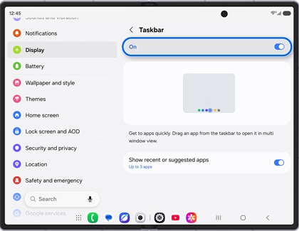 A Galaxy Z Fold8 screen showing the Taskbar settings menu with the On toggle highlighted in blue.