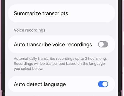 Transcript Assist settings screen showing Auto detect language toggled on and Auto transcribe recorded calls toggled off.