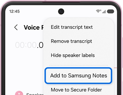 Voice Recorder app menu with Add to Samsung Notes option highlighted.