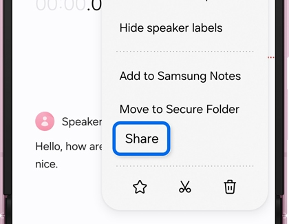 Voice Recorder app menu with Share option highlighted.