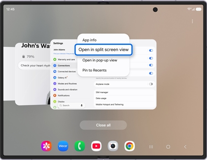 A Galaxy Z Fold8 screen displaying recent apps with Open in split screen view highlighted in blue.