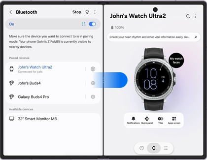 A Galaxy Z Fold8 screen displaying Bluetooth settings and the Wearable app side by side in split-screen mode.