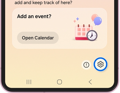 A phone screen showing an Add an event prompt with a settings gear icon circled in blue.